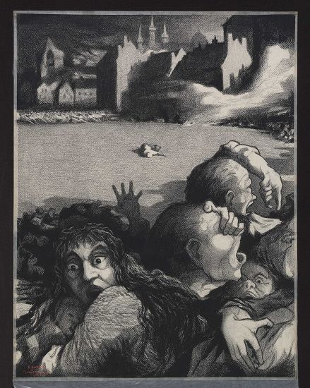 比利时艺术家吉斯伯特·康巴斯描绘1914年德国在鲁汶屠城的素描