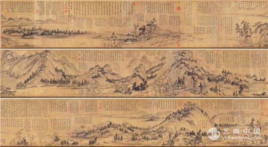 《富春山居图子明卷》局部，几乎所有的空白处都被乾隆题了字。