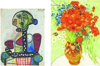 油画《盘发髻女子坐像》与梵高《雏菊与罂粟花》