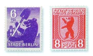 二战后德国的苏联占领区-柏林重建邮票全套7枚中的4枚（发行日期：1945.6.9，）