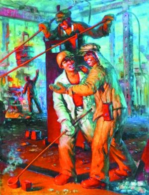 《出钢的喜悦》，宋赞英。近年来朝鲜多次组织艺术团来中国办画展，这张即是2013年在广州举办的第五届朝鲜民艺美术精品展的作品之一。