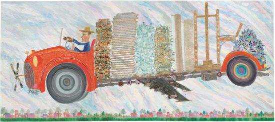 超级画家驾驶狂热绘画机器降在陕西省长安县西杨万村的那片麦田里 240×540cm(三联画) 画布上油彩及实物拼贴 2008年