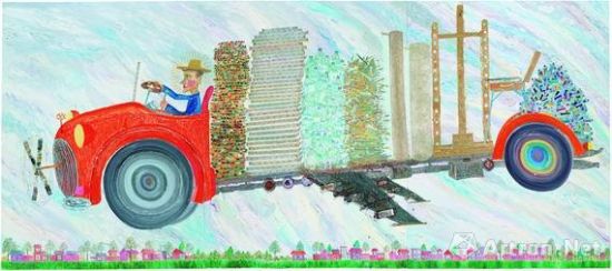 欧阳春《超级画家驾驶狂热绘画机器降在陕西省长安县西杨万村的那片麦田里》 240×540cm(三联画 Triptych) 画布上油彩及实物拼贴 2008年