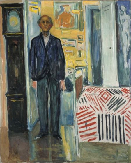 蒙克1940-1943年作品《站在钟表和床之间的自画像》