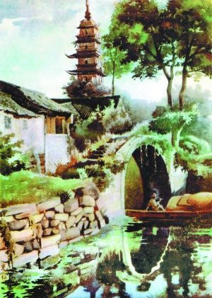 张充仁1931年创作的水彩画作品《嘉兴风景》（尺寸不详）