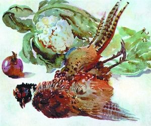 张充仁1950年代创作的水彩画《菜花和雉鸡》（28×38cm）