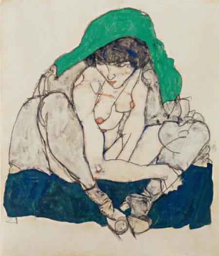 席勒作品《披着绿毯子蹲坐的女子肖像》(1914)