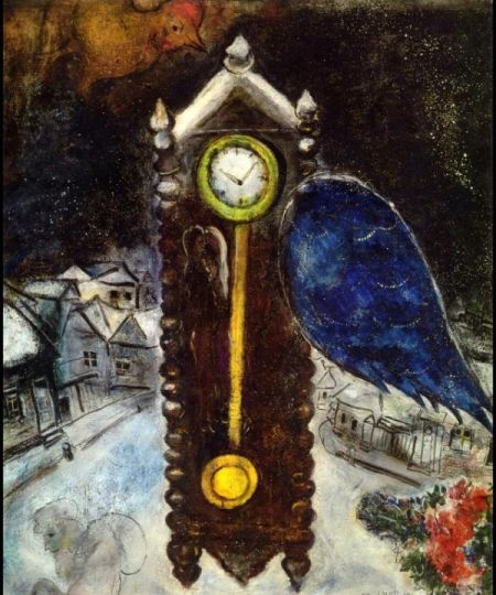 夏加尔作品《蓝翅膀的钟》(1949)