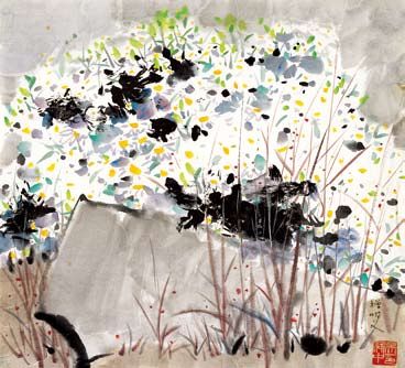 1983年吴冠中寄赠杨明义的水墨画《野花》