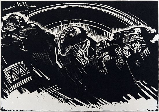 珂勒惠支木版画作品《志愿军》（《战争》组画第二幅，作于1921年，最晚完成于1922年年初，350×496毫米）