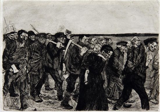 珂勒惠支铜版画作品《织工队伍》（《织工反抗》组画第四幅，作于1893年至1897年，216×295毫米）