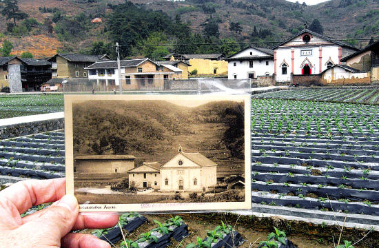 高振碧通过老照片发现百年前永定奥杳教堂和土楼的遗存。图片来自藏家  