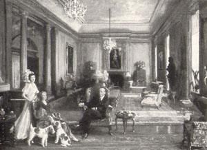 纽约沙龙家中的杜威恩一家，由杜威恩最喜欢的艺术家，约翰·拉维利爵士所作。画中的两条狗可能是道具(图片取自维基百科)。