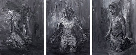 严培明画作：《我跪着》三联画(布面油画，2014)