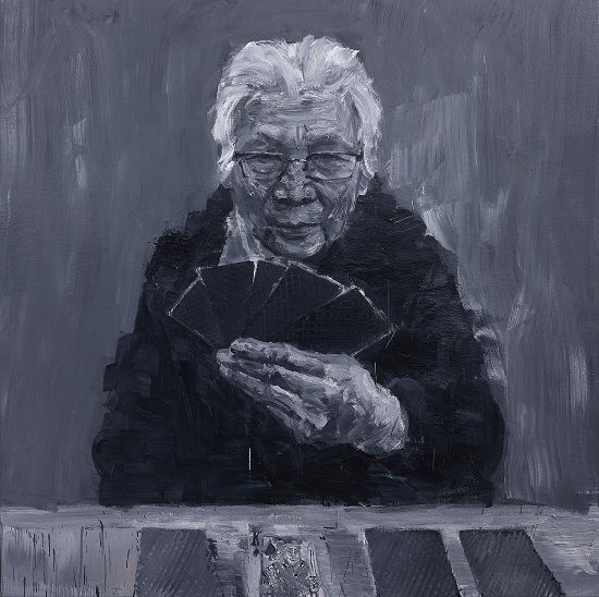 严培明画作：《妈妈的牌·跪着的我》(布面油画，2014)