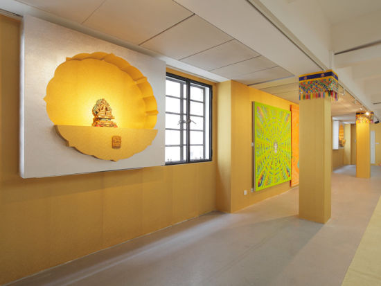 郑国谷为五楼的环形展厅专门设计的作品《顺时针通道》，他买来一些俗气的当代唐卡，用油画颜料填上与原画相反的颜色—把黑的变成白的、红的变成绿的—装饰在两侧墙上，将美术馆变成了佛堂的镜像
