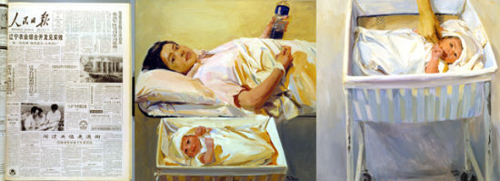 《目击成长》系列之《1994 年8 月12 日+28 岁生下女儿》。《目击成长》始于1999 年，从1999 年到2008 年十年间，喻红为自己见证的每一年画一幅画，画面素材是根据当年其家人或朋友为她拍的“老”照片；到了女儿出生的那年，喻红开始每年画两张画；一张画自己，另一张画女儿，并为每幅画并置于发表在这一年的杂志、报纸上的文章或图片