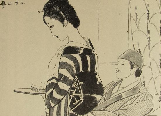 1967年,蕗谷虹儿发表在《东京新闻》连载中的两幅关于竹久梦二的速写，一幅是穿和服、戴帽子的梦二，坐在沙发上，近景是叶的侧影（右），另一幅是西装革履的梦二坐在椅子上，单手支颐，仿佛在构思，两幅应该都是以菊富士旅馆为背景。