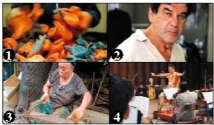图1至图4分别为：阿根廷布宜诺斯艾利斯生产气球的工人，布宜诺斯艾利斯的干洗店员工，越南河内处理废铁的老妇人，以及河内的指挥家。