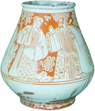《戏曲人物》陶器雕刻划花罐 25×23×14厘米