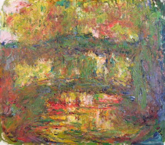 在视力还未恢复之前，莫奈画了大量近乎抽象的作品，例如此次展出的4幅吉维尼花园里的《日本桥》。