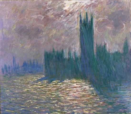莫奈作品《伦敦国会大厦，泰晤士河上的倒影》