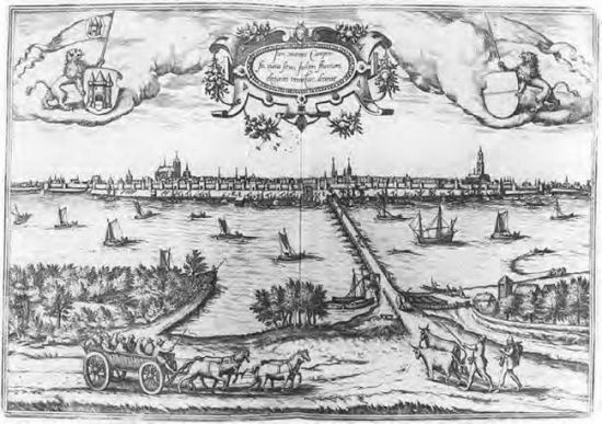 佚名《堪本西斯城景观》铜版画与张宏《山水》的对比。高居翰认为后者的构图与前者相似，很可能是根据前者而作，显示了由利玛窦等传教士带到中国的西方版画对 17 世纪中国绘画的影响。同时，高居翰还发现了张宏这位被国内美术史忽略的画家。