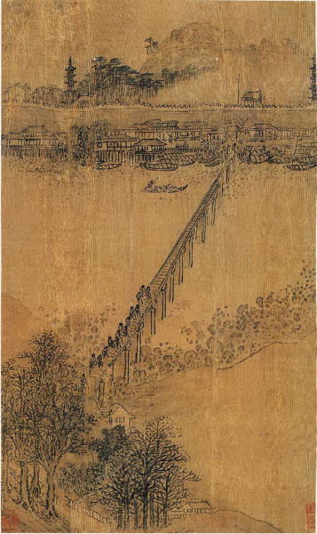 佚名《堪本西斯城景观》铜版画与张宏《山水》的对比。高居翰认为后者的构图与前者相似，很可能是根据前者而作，显示了由利玛窦等传教士带到中国的西方版画对 17 世纪中国绘画的影响。同时，高居翰还发现了张宏这位被国内美术史忽略的画家。
