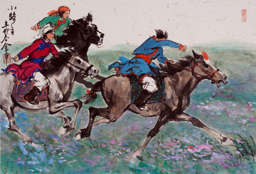 金申辛卯年春创作的草原题材画作《小骑手》