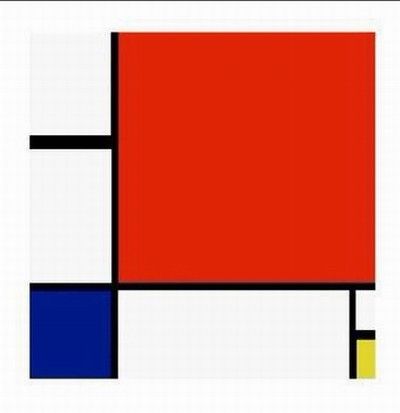 《紅、黃、藍的構成》，蒙德里安作，1930年，布上油畫，45x45釐米，蘇黎世私人收藏。 