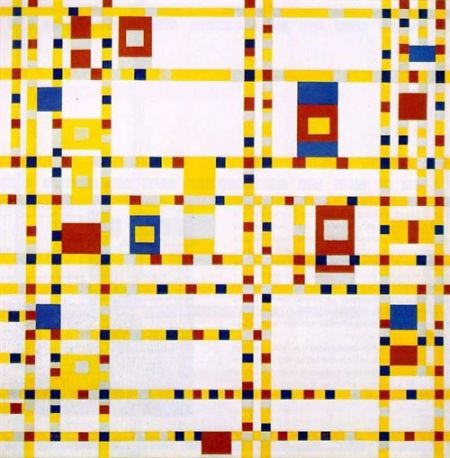  《百老彙爵士樂》，蒙德里安作，1942--43年，布上油畫，127x127釐米，紐約現代藝術博物館藏。