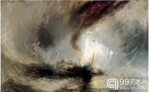 油画《暴风雪——汽船驶离港口》，画家：透纳