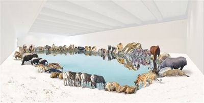 最新作品《遗产》的电脑模拟图，有99只动物在喝水。蔡国强称作品灵感来源于昆士兰美丽的风景。