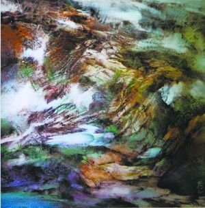 李林洪的瓷板画是由色彩、块画和排线组成的洪荒世界，充满生命活力和艺术感染力。