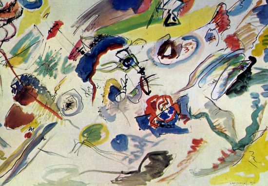 《第一幅水彩抽象画》，康定斯基作，1910年 康定斯基1910年所作的这幅抽象的水彩画作品，通常被视为抽象绘画诞生的标志。 