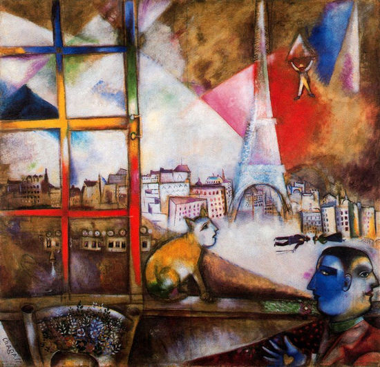 马克·夏加尔布面油画《窗外的巴黎》（1913年），现藏于纽约古根海姆博物馆。