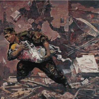 《生命》200cm×200cm布面油画2008年作四川汶川地震纪念馆收藏
