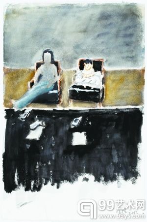 《茶几，女人和女孩》 57cm×38cm 纸上水粉、水彩 2013年