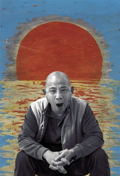 摄影/新京报记者 秦斌 制图背景为方力钧威尼斯双年展平行展“处境”油画作品《2012.12》（200×250cm，2012年）