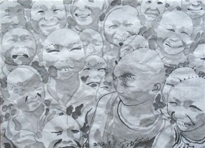 2012年方力钧创作的水墨小稿(24.6×33.5cm)已被当做“新水墨”作品。