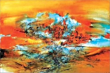 赵无极上世纪60年代的创作专注于色彩与线条的探索。这一时期的作品被许多艺评人认为达到其艺术生涯的巅峰。此幅《10.1.68》大胆选择以高度对比的青蓝与橘红色彩在画布上碰撞，挥洒自若、强而有力的大笔刷，构筑出一若天地复兴的意象空间，给予观者强烈的震撼。