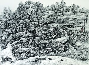 王界山写生作品《雪后春山》 32×44cm 焦墨山水画 2013年