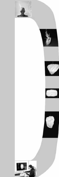 图片右上至下为：宋波纹的礼帽设计作品 礼帽细节、《十二水灯》之《长江万顷》、《十二水灯》之《秋水迥波》、《十二水灯》之《无名》  宋波纹工作照