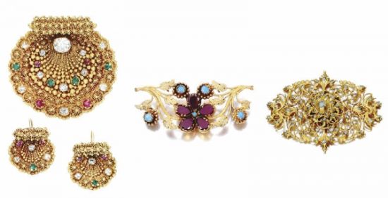 从左至右： 1. 扇贝形胸针及耳环（19世纪早期）；2. 花形胸针（19世纪早期）；3. 伊比利亚风格胸针（17~18世纪）