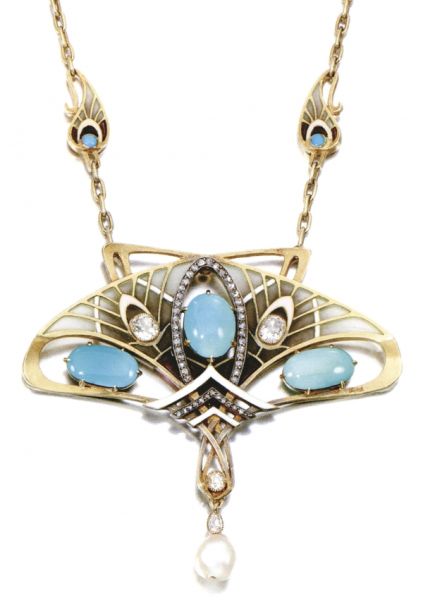 绿松石、天然珍珠、珐琅和钻石项链 高特雷特，约1900年