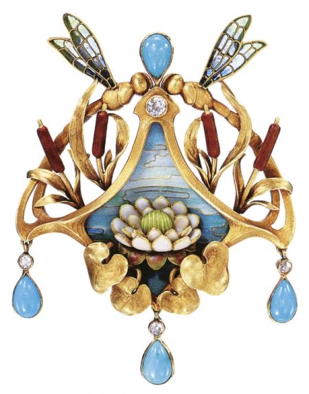 黄金、绿松石、珐琅、钻石胸针 吊坠 ，古斯塔夫·罗杰·山德士，约1900年