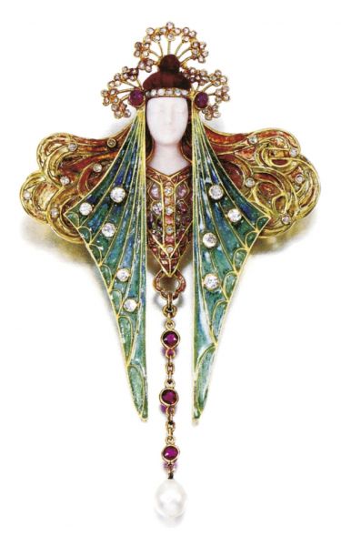 天然珍珠、宝石和钻石胸针 吊坠，乔治·富凯，19世纪晚期