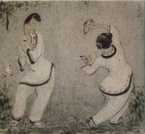 潘玉良彩墨作品《双人扇舞》