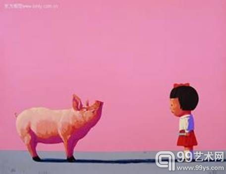 艺术家刘野的这幅作品描绘一头大猪面前站立着一个神情凝重的小孩，猪庞大的得意忘形的形态与小孩手中小小的刀具形成鲜明对比，看出她在做自卫的准备，同时也折射出内心极度的恐惧。