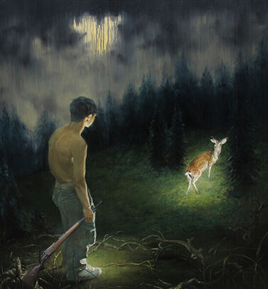 (刘小才 《追逐着鹿的猎人是看不见山的》 120X150cm 布面油画 2014年银奖作品)